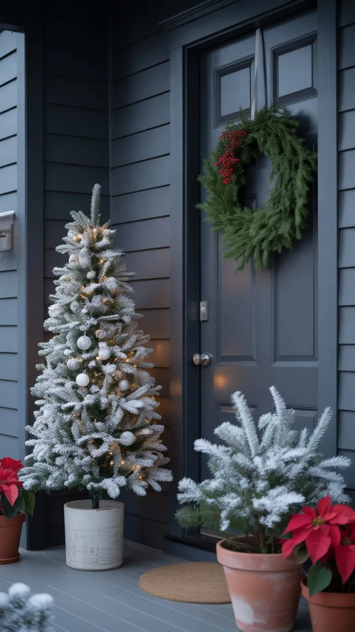Serene Minimalist Holiday Porch with Snow-Dusted White Tree