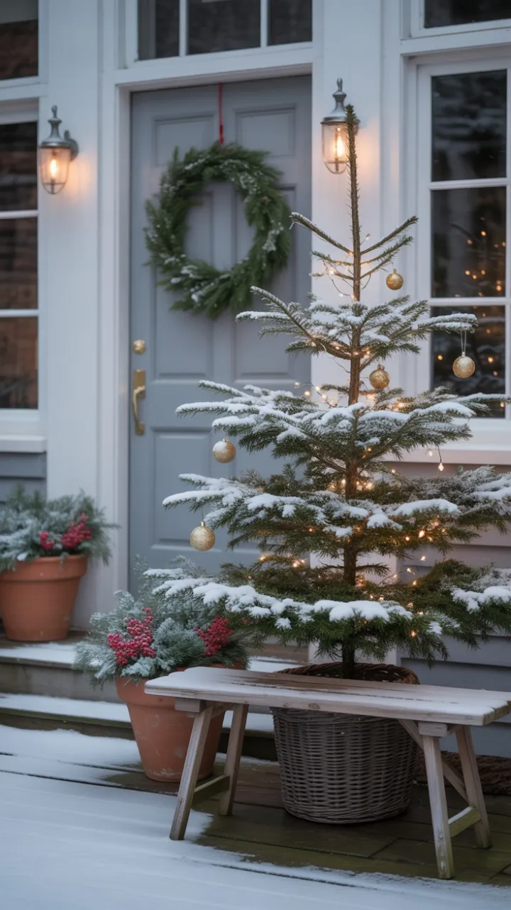 Serene Snow-Dusted Porch with Minimalist White Tree and Golden Glow