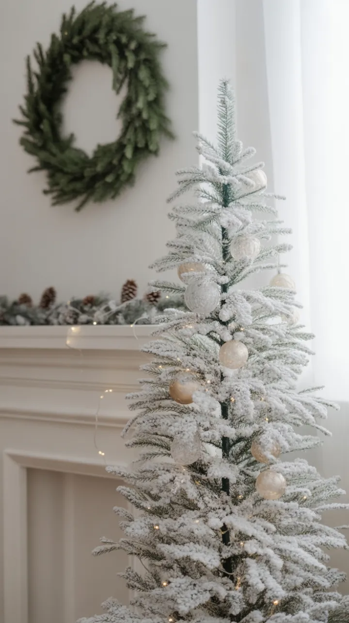Serene Minimalist Christmas with a Snow-White Tree and Twinkling Lights
