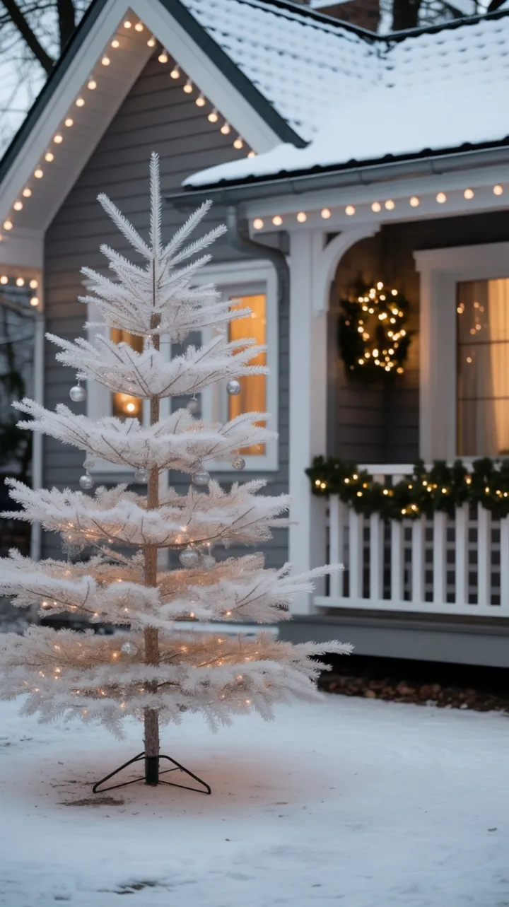 Winter whisper of a minimalist white tree on a cozy snow‑covered porch