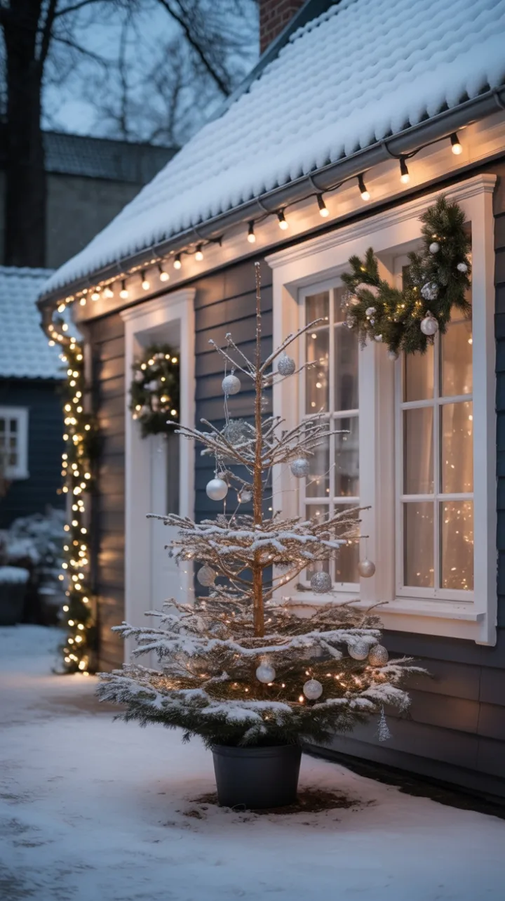 Snow-Dusted Cottage and the Little White Tree