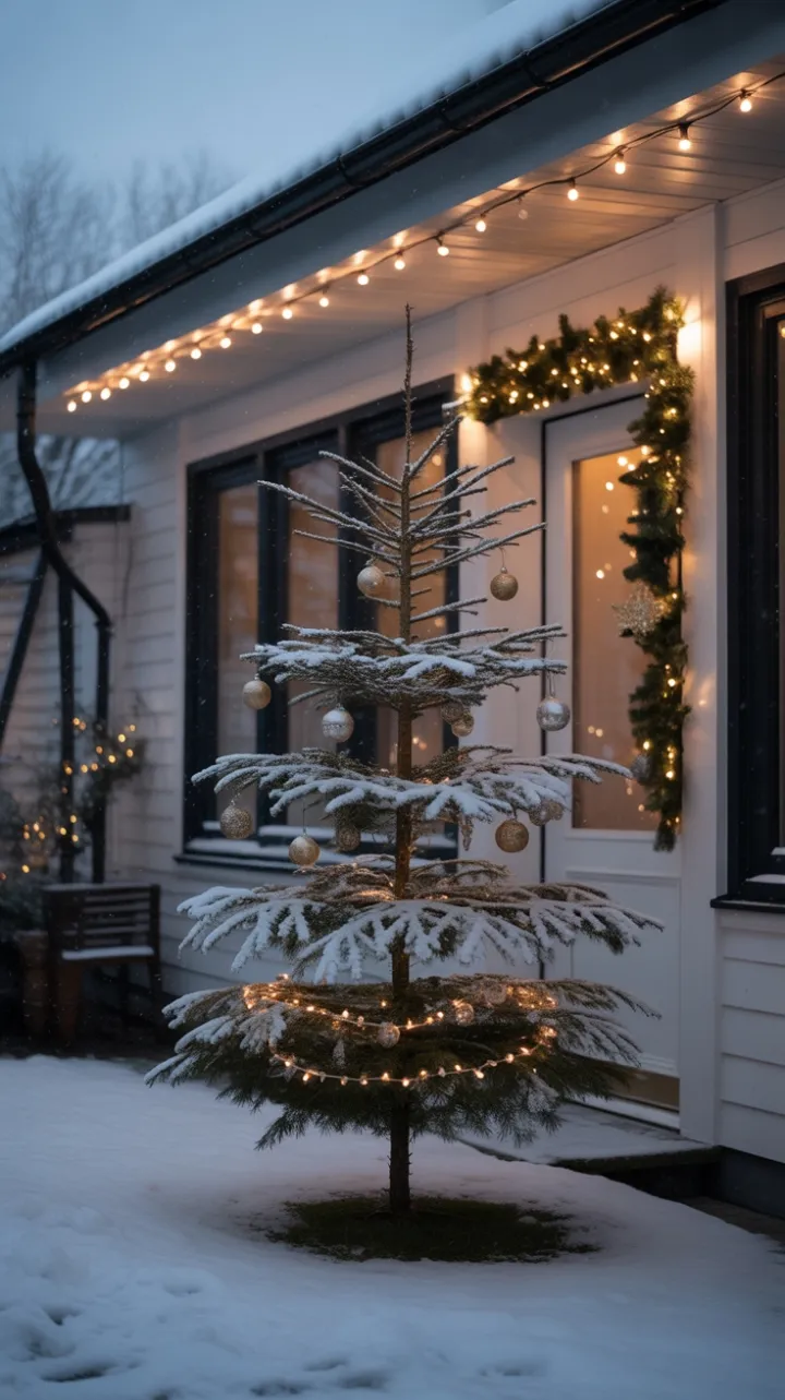 Snow-Kissed Minimalist Porch with a Golden-Lit Tree