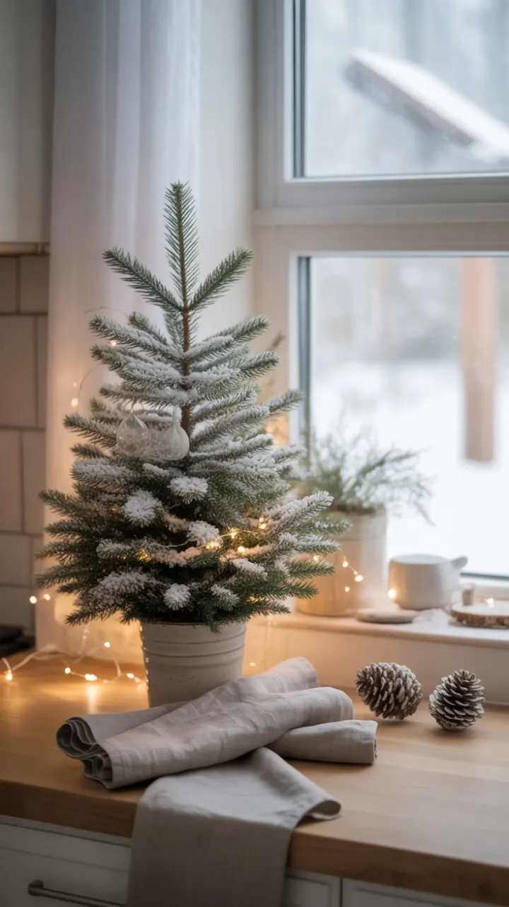 Serene Minimalist Christmas Kitchen with Snow‑Dusted Fir