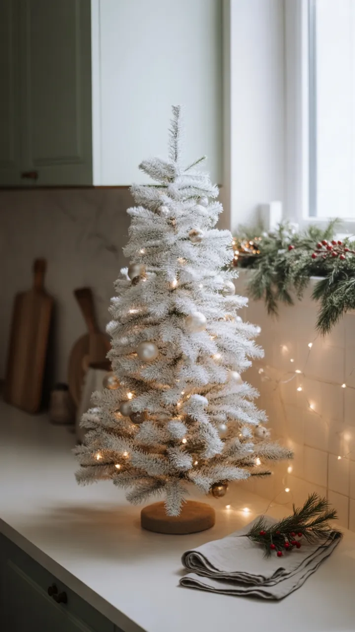 Snow-White Tree and Gentle Holiday Glow in a Minimalist Kitchen