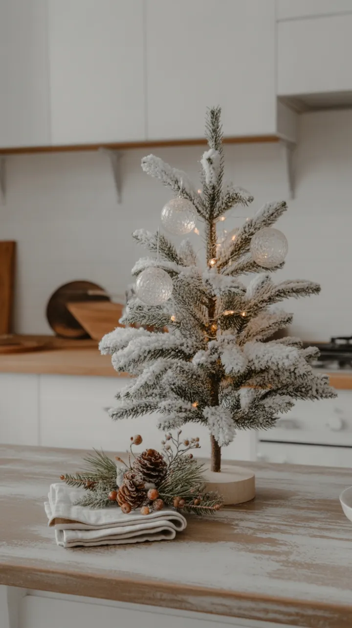 Minimalist Christmas with a Snow-Kissed Tree on a Rustic Counter
