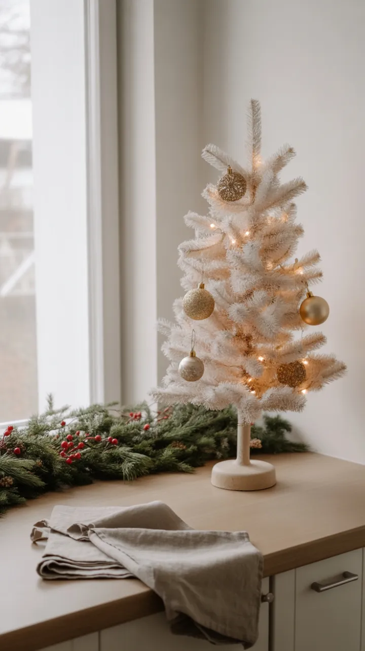 Serene Minimalist Christmas Kitchen with White Tree and Golden Glow