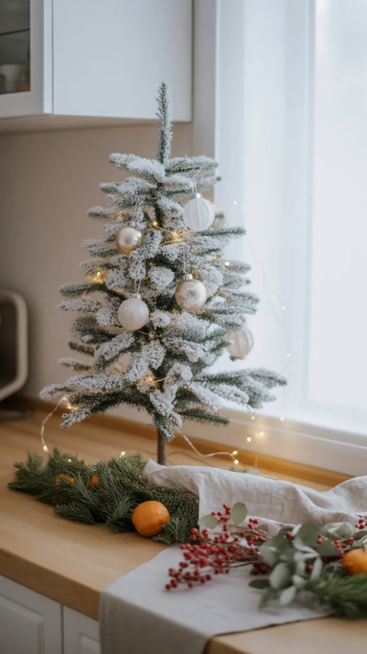 Snow-Dusted Mini Tree in a Minimalist Christmas Kitchen