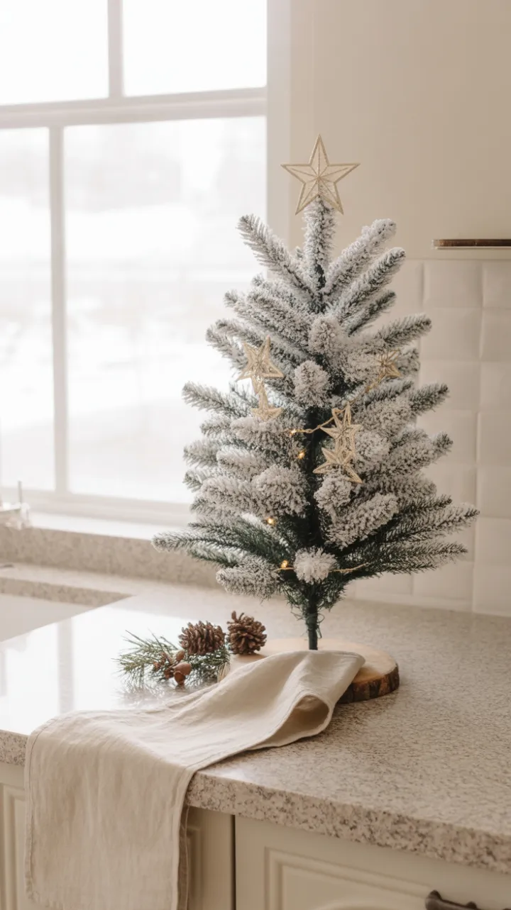 Petite Snow-White Tree and Warm Lights in a Minimalist Kitchen
