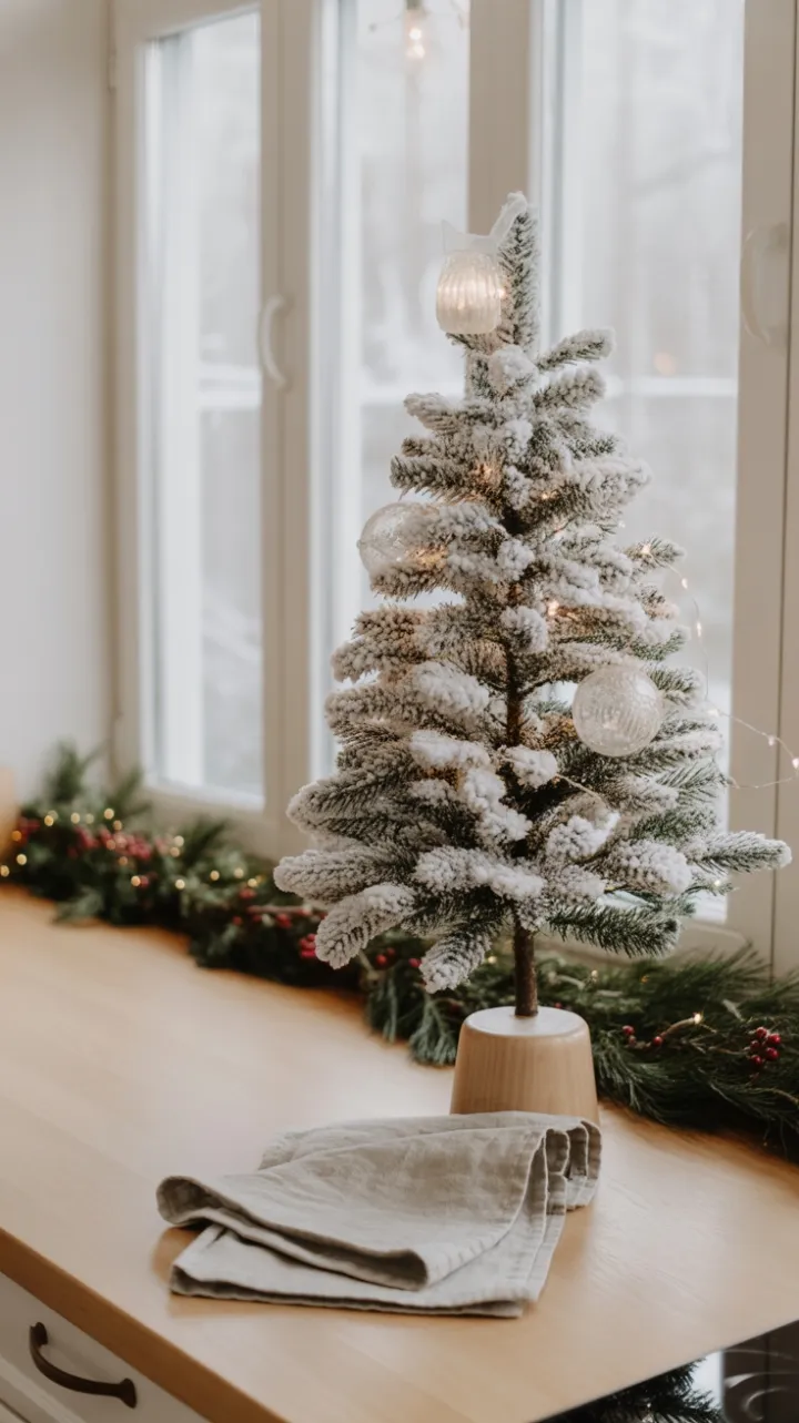 Serene Snow‑kissed Mini Tree in a Minimalist Christmas Kitchen