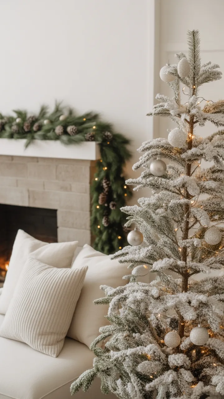 Fireside Serenity with a Snow-White Christmas Tree