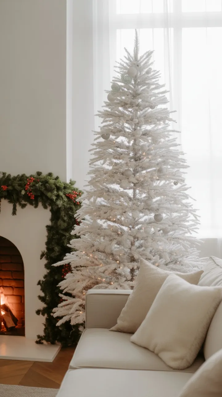 Pristine White Tree and Hearth Glow in a Minimalist Christmas Living Room