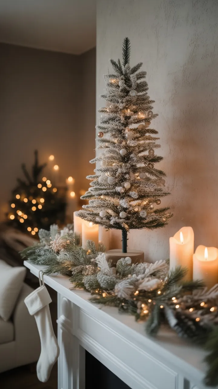 Serene Minimalist Christmas Mantel with Snow-White Tree