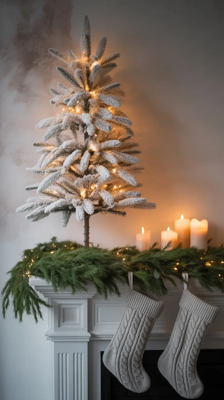 Serene Snow-Kissed Mantel with Cozy Candlelight
