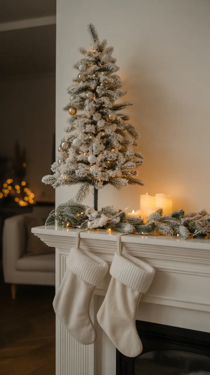 Snow-Kissed Minimalist Mantel Bathed in Warm White Light