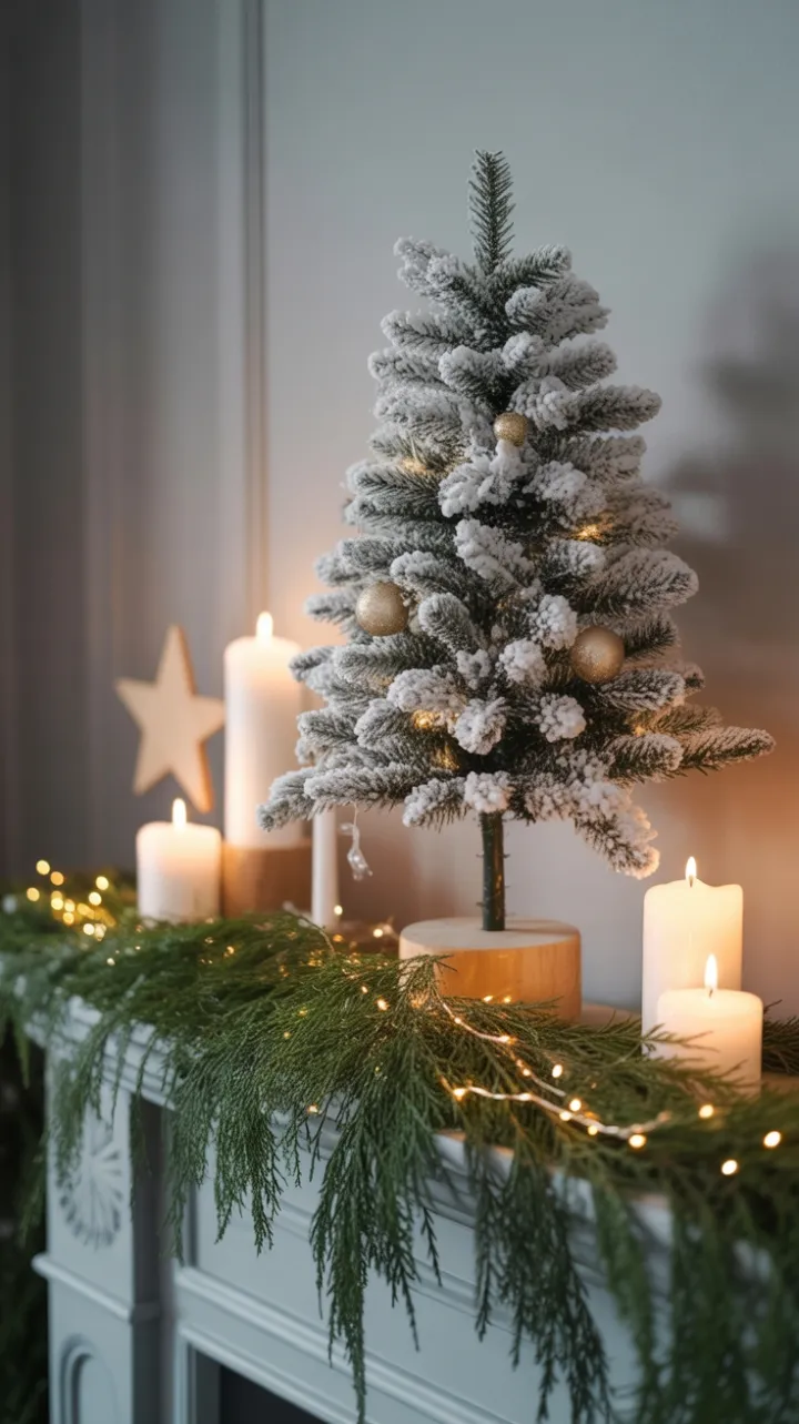Serene Snow-Dusted Mantel Bathed in Warm Light