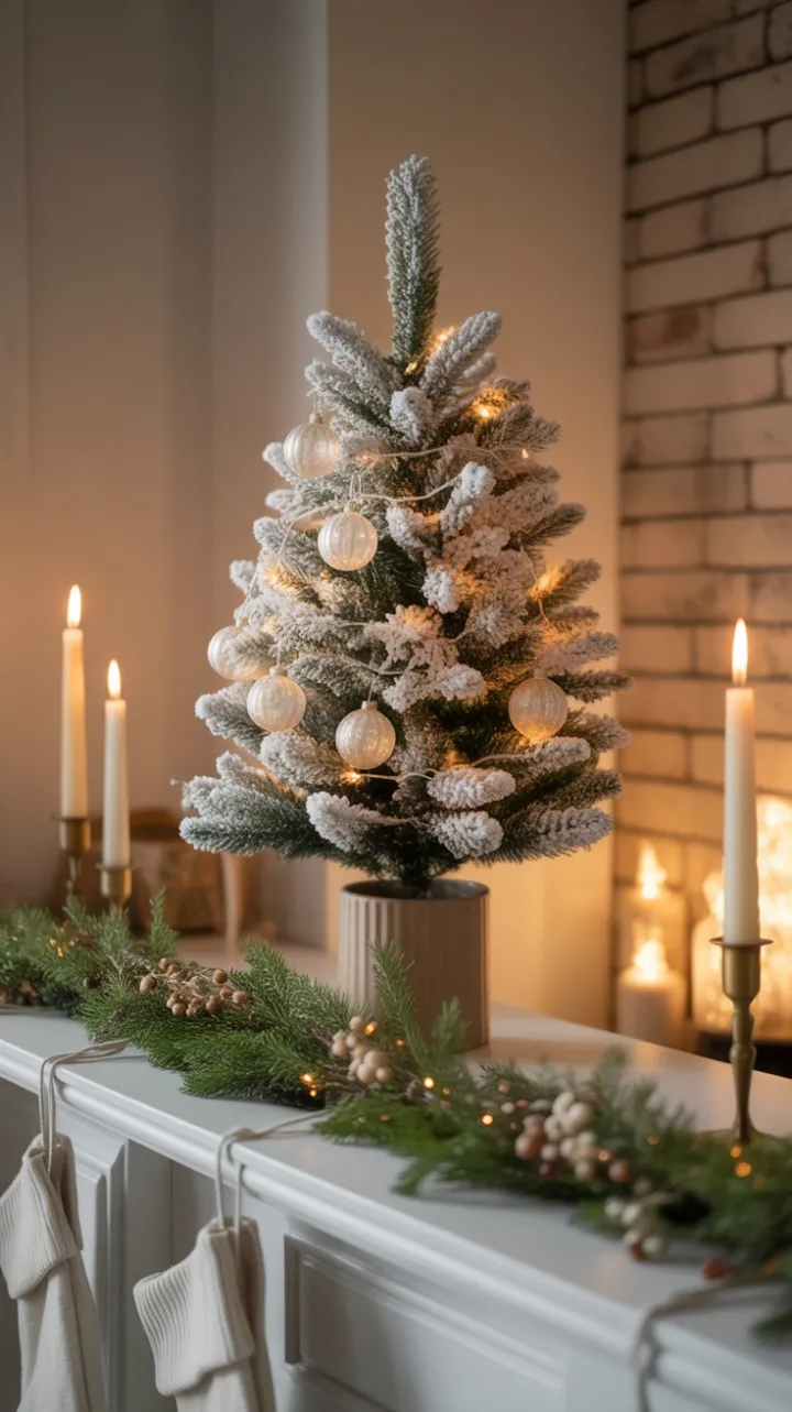 Snow-Kissed Mantel with Glass Ornaments and Warm Brass Glow