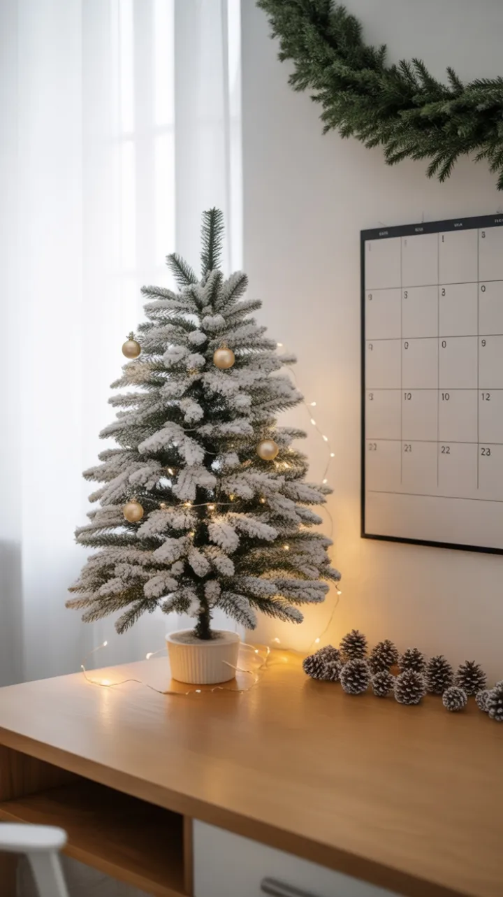 Serene Minimalist Christmas Desk with Snow-Dusted White Tree