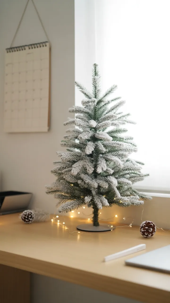 Snow-Dusted Minimalist Desk Christmas with Golden Lights