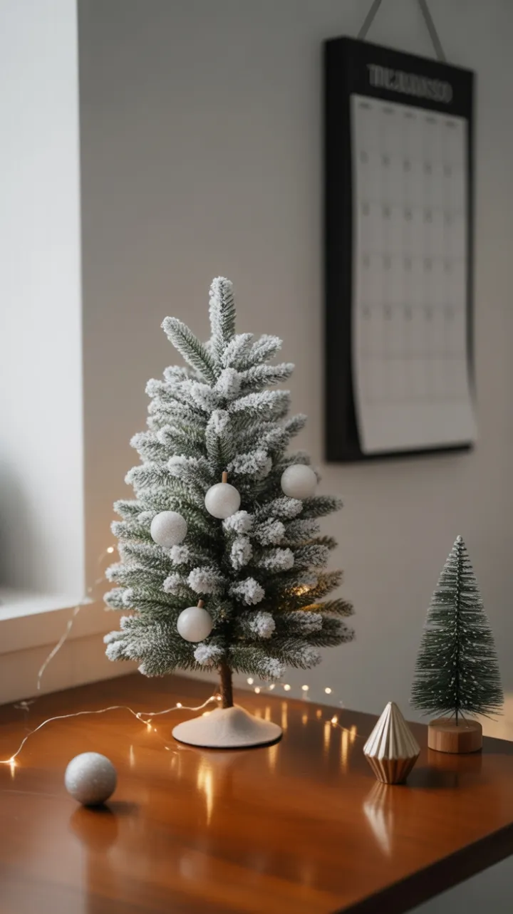 Snow‑Dusted Mini Tree Illuminates a Calm Minimalist Office