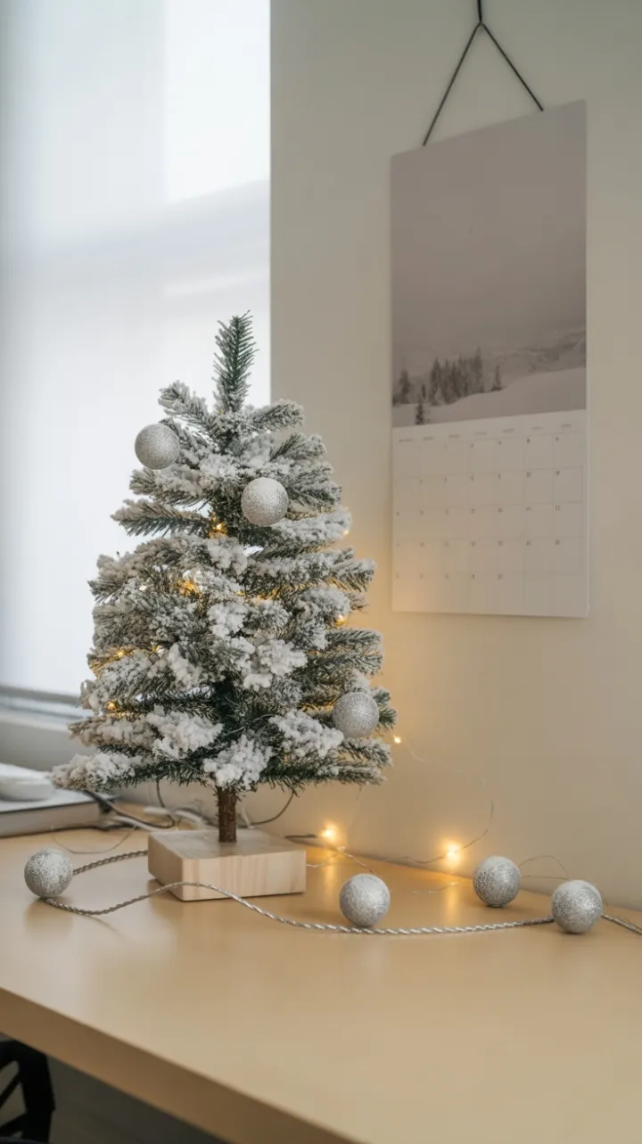 Serene Minimalist Christmas Desk with Snow-Dusted Tree