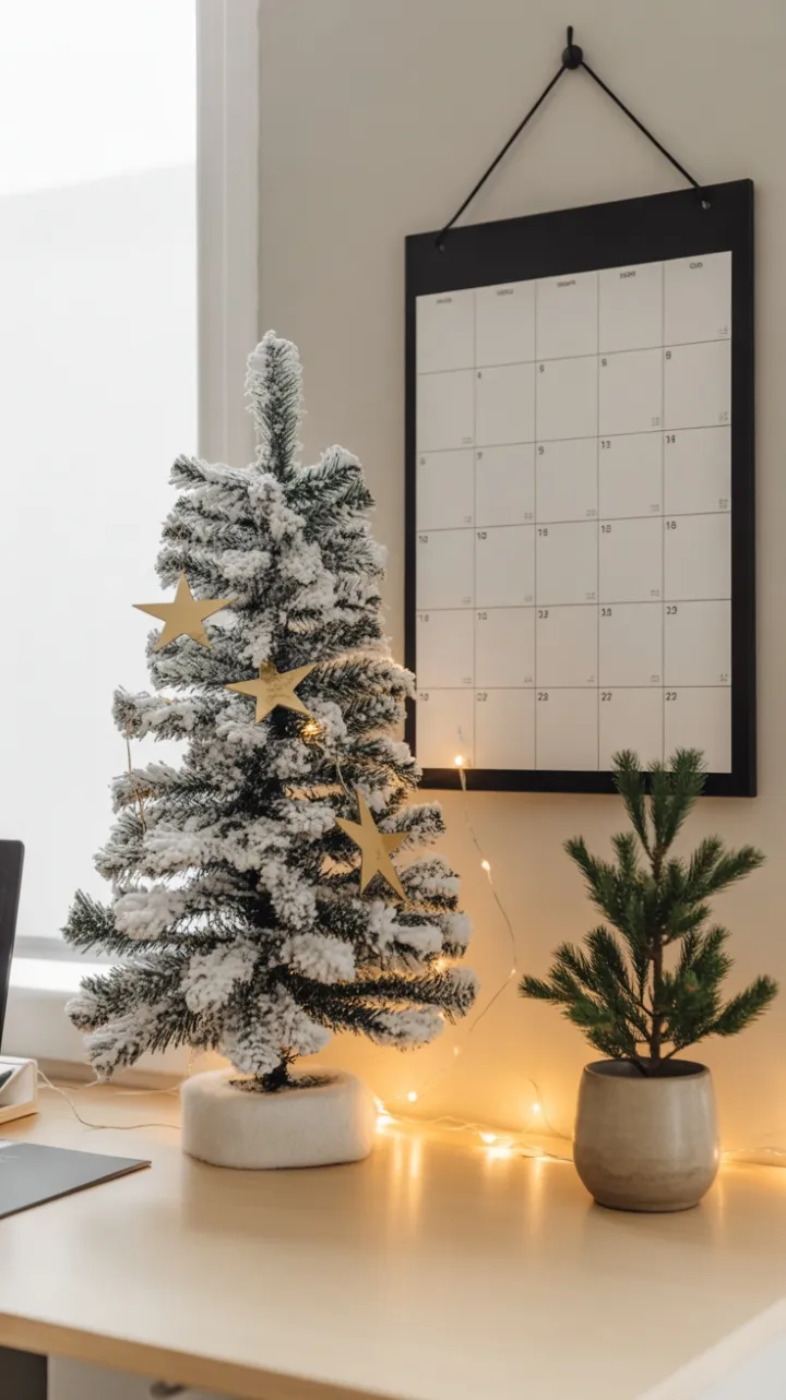 Minimalist Christmas Desk with a Snow‑Kissed Tree and Golden Stars