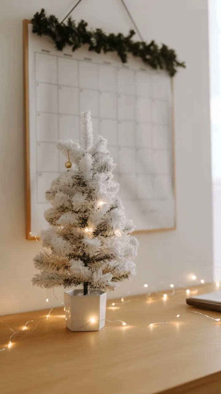 Serene Minimalist Christmas Desk with White Tree and Warm Lights