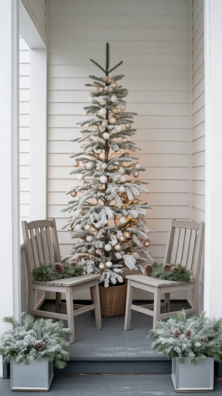 Serene Snow-Dusted Porch with a Warm-Glow White Tree