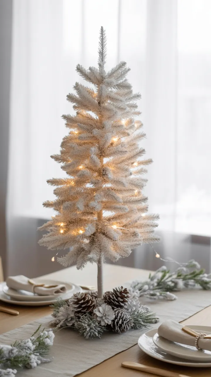 Minimalist Snow-White Christmas Table with Soft Glowing Lights