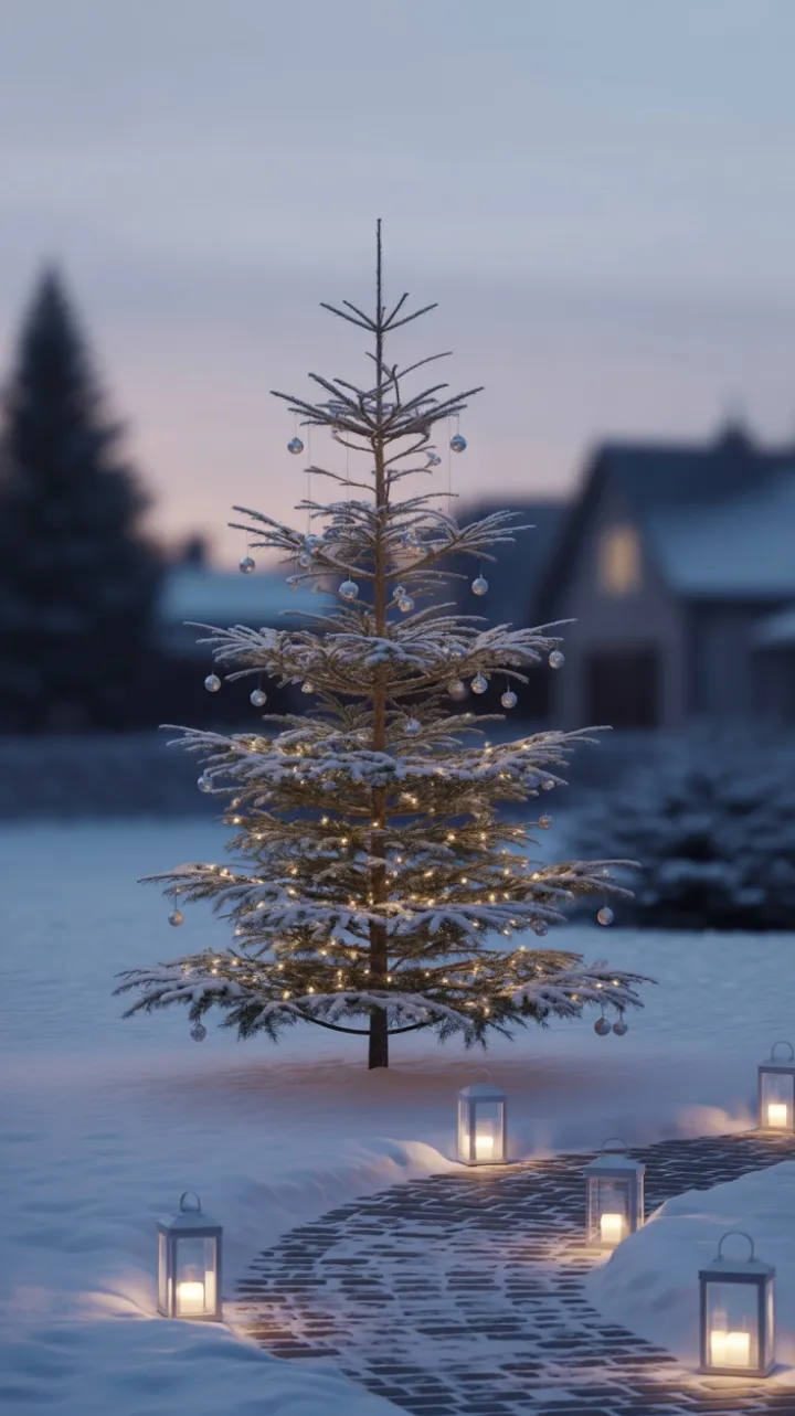 Ethereal White Tree on a Lantern-Lit Winter Path
