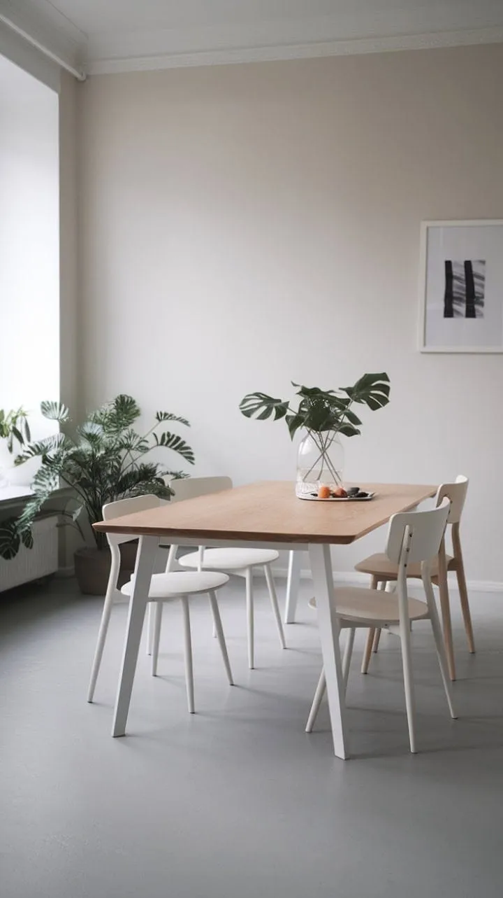 This Scandinavian dining room embodies tranquility with its clean lines, neutral tones, and a stunning white oak table, showcasing the beauty of simplicity.