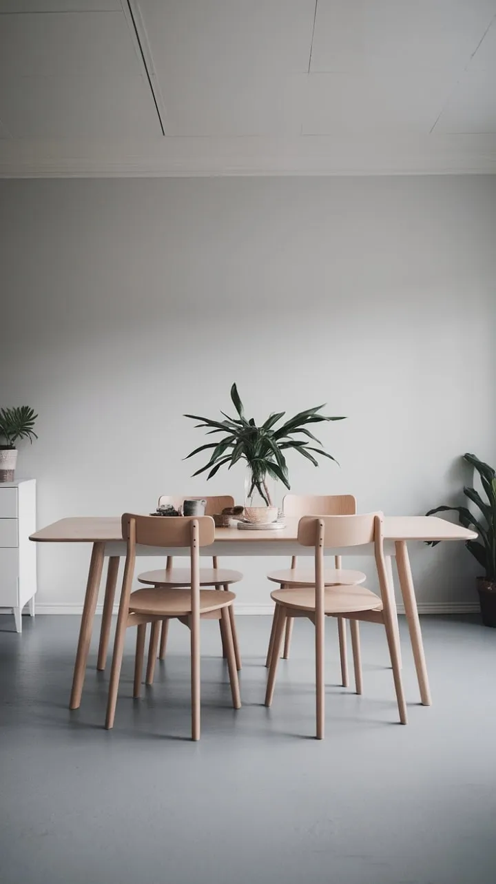 Bathed in sunlight, this minimalist dining space, with its pale oak table and serene palette, transforms everyday moments into cherished memories.