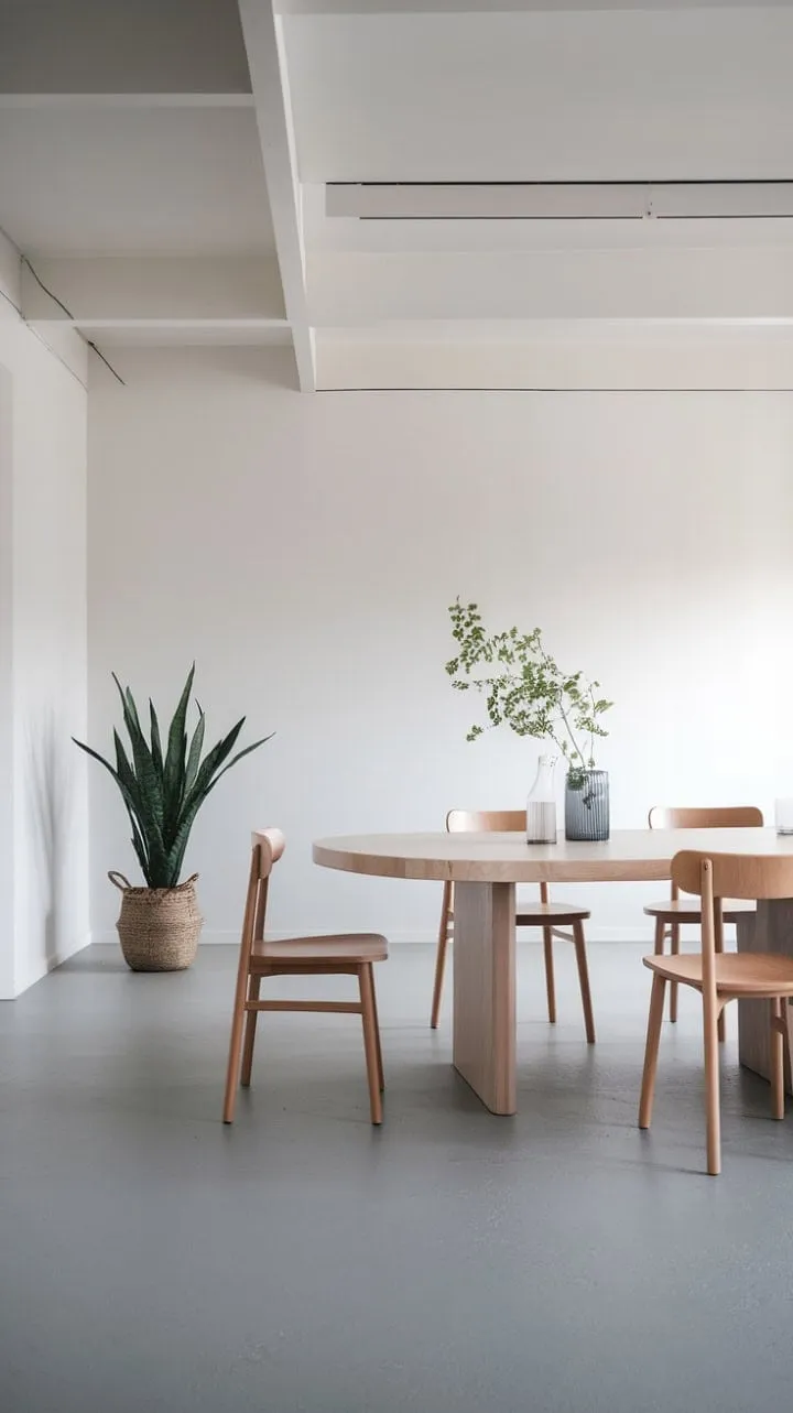 Bathed in sunlight, this minimalist Scandinavian dining room exudes serene elegance with its pale oak table, grey floor, and a refreshing touch of greenery.