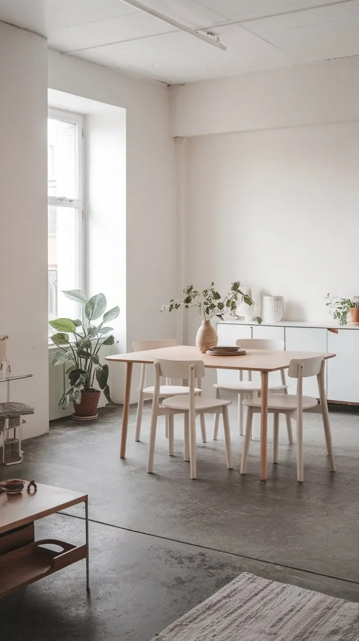 Bathed in sunlight, this minimalist sanctuary features a pale oak dining set and serene grey concrete, creating an inviting space for both shared meals and tranquil reflection.
