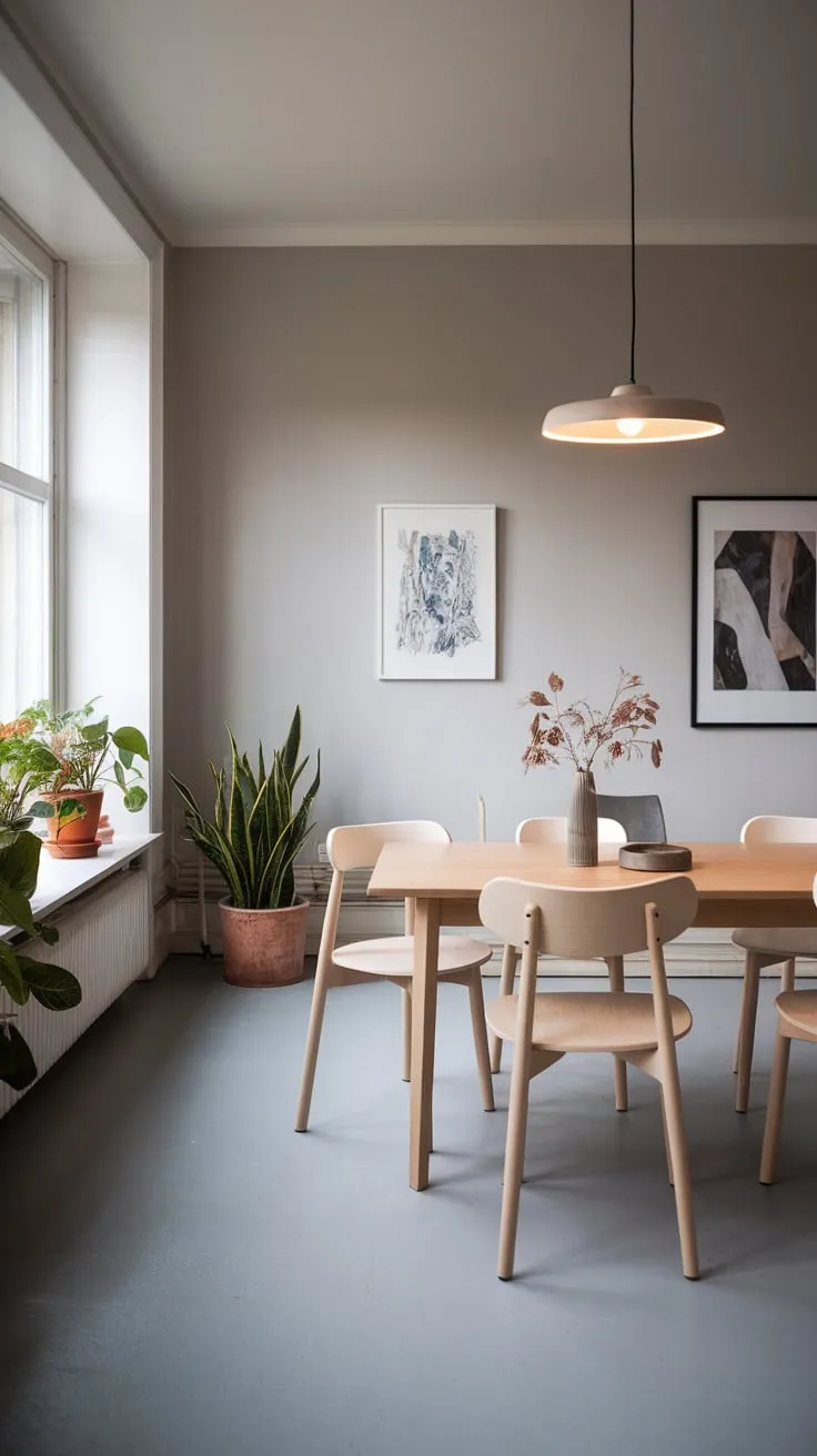 Warm lighting highlights a serene Scandinavian dining room featuring a white oak table and grey walls, accented by minimal artwork and greenery.