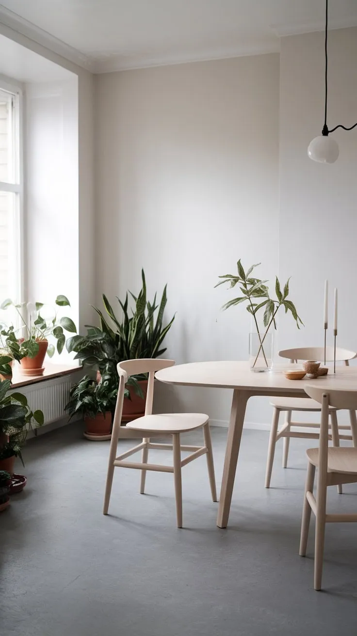 A white-walled dining room showcases a simple white oak table, a few chairs, and potted plants, embodying modern Scandinavian minimalism.