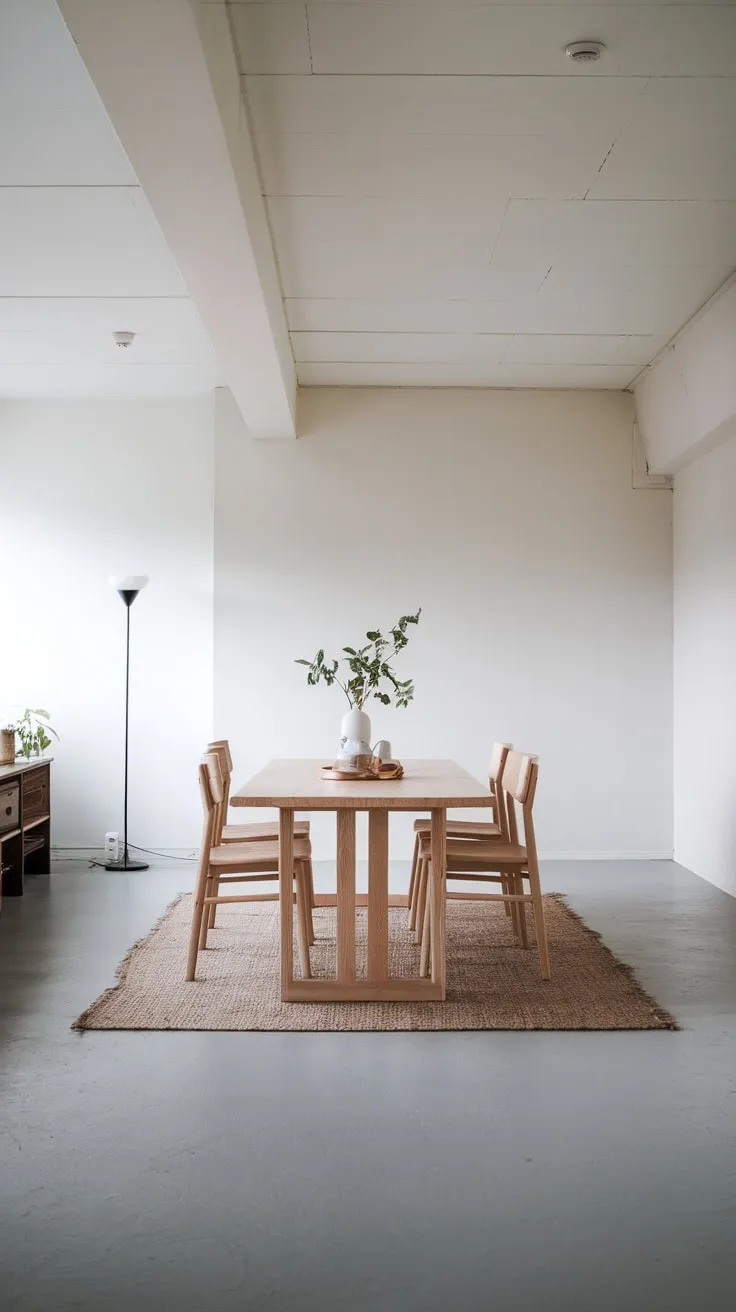 A white oak table, grey floor, and four chairs define this serene Scandinavian minimalist dining room.