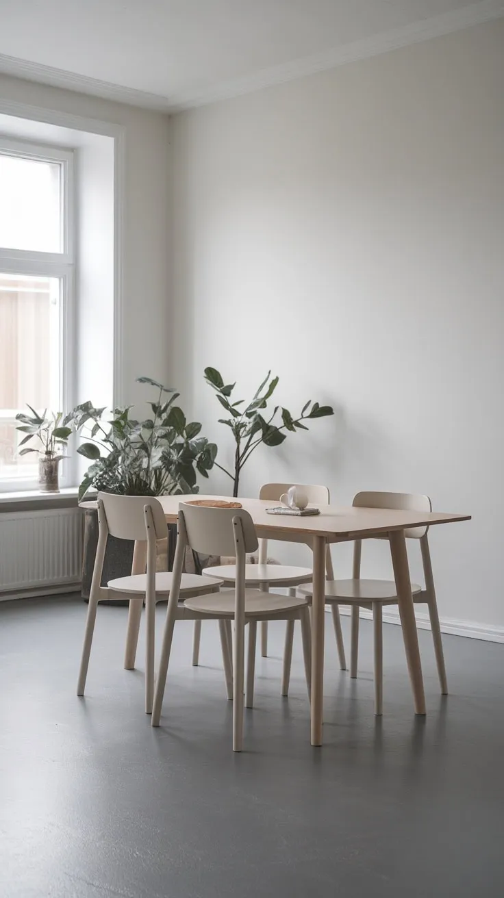 Clean lines and a neutral palette define this minimalist dining room, showcasing a white oak table and grey floor with Scandinavian simplicity.