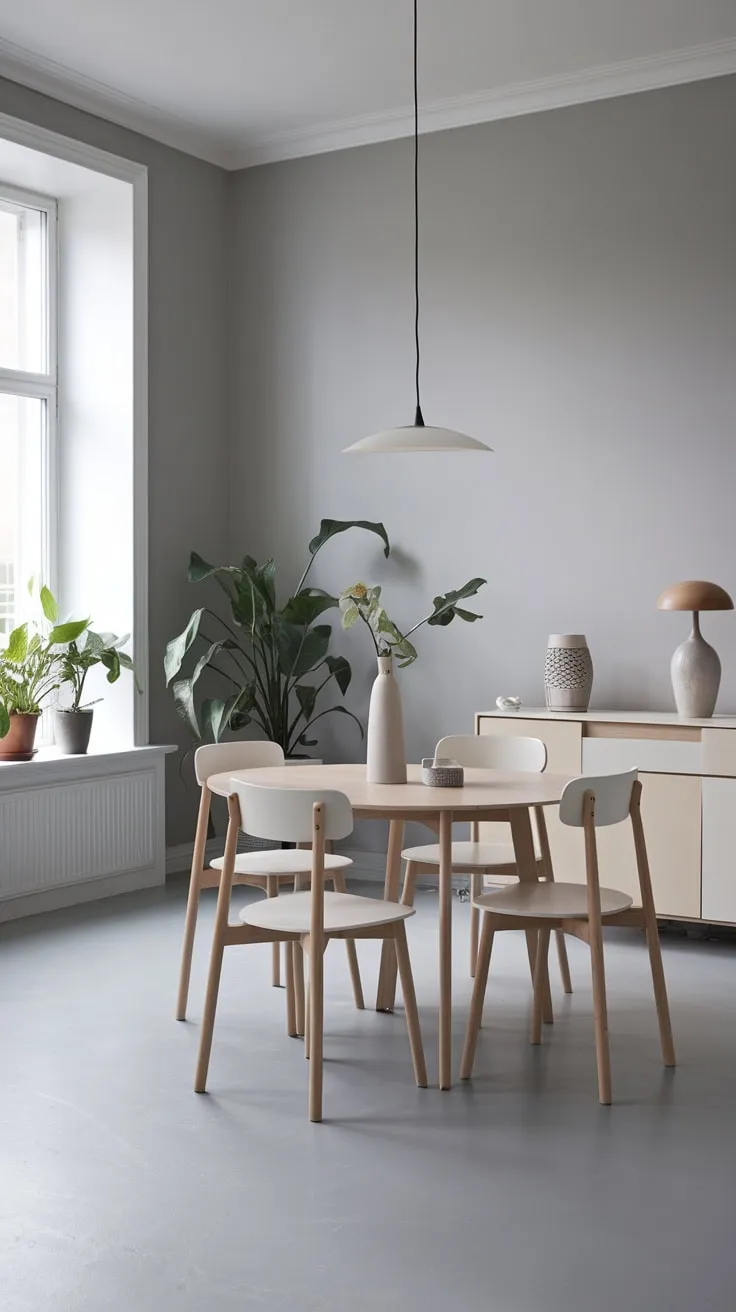 A serene grey and white Scandinavian dining room features a simple oak table, four chairs, and minimal décor for a clean aesthetic