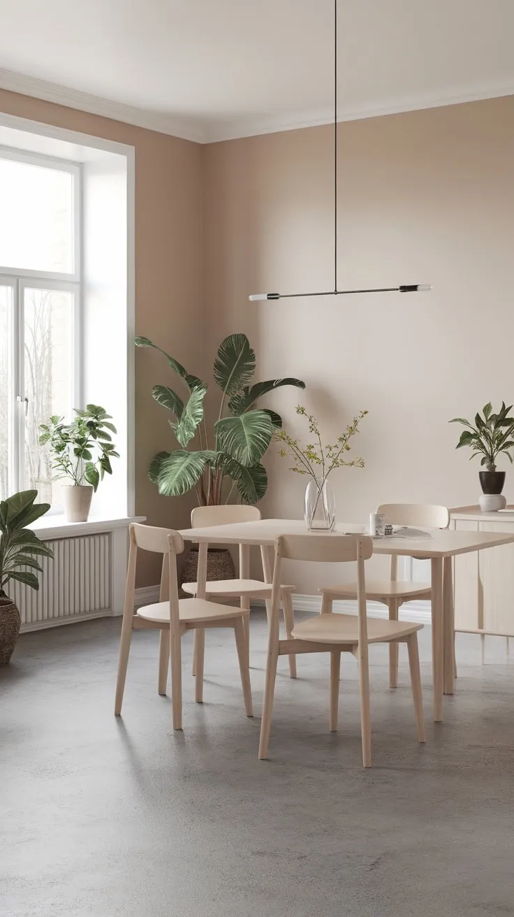 A serene Scandinavian dining room features a white oak table, grey concrete floors, and subtle beige walls, creating a minimalist haven.