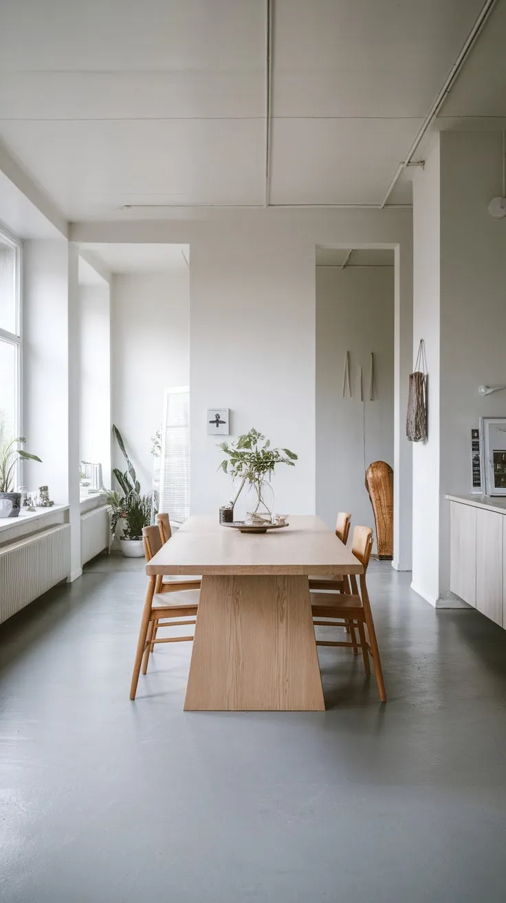 A white-walled Scandinavian dining room showcases a simple white oak table and four chairs against a backdrop of large windows and subtle wall decor.