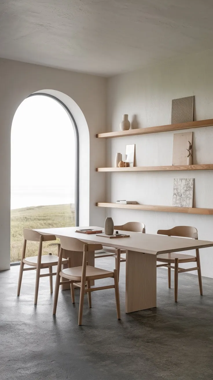Clean lines and natural materials define this serene Scandinavian dining room, showcasing minimalist elegance.