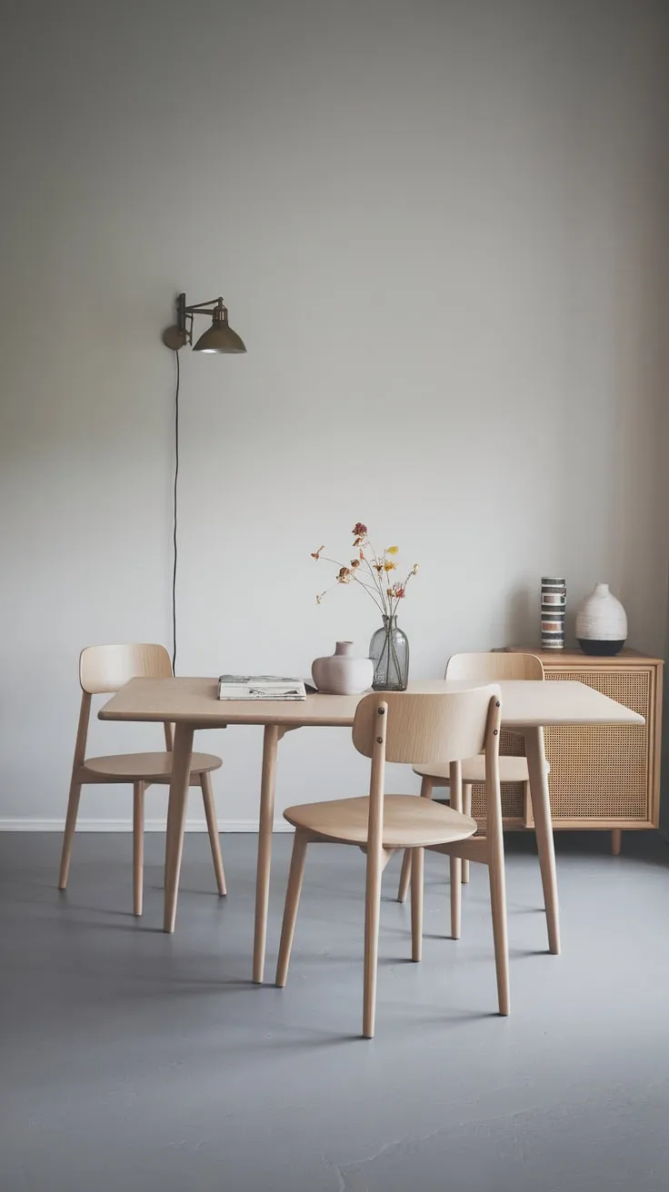 A serene Scandinavian dining room features a white oak table, grey floor, and minimal décor, creating a space of understated elegance