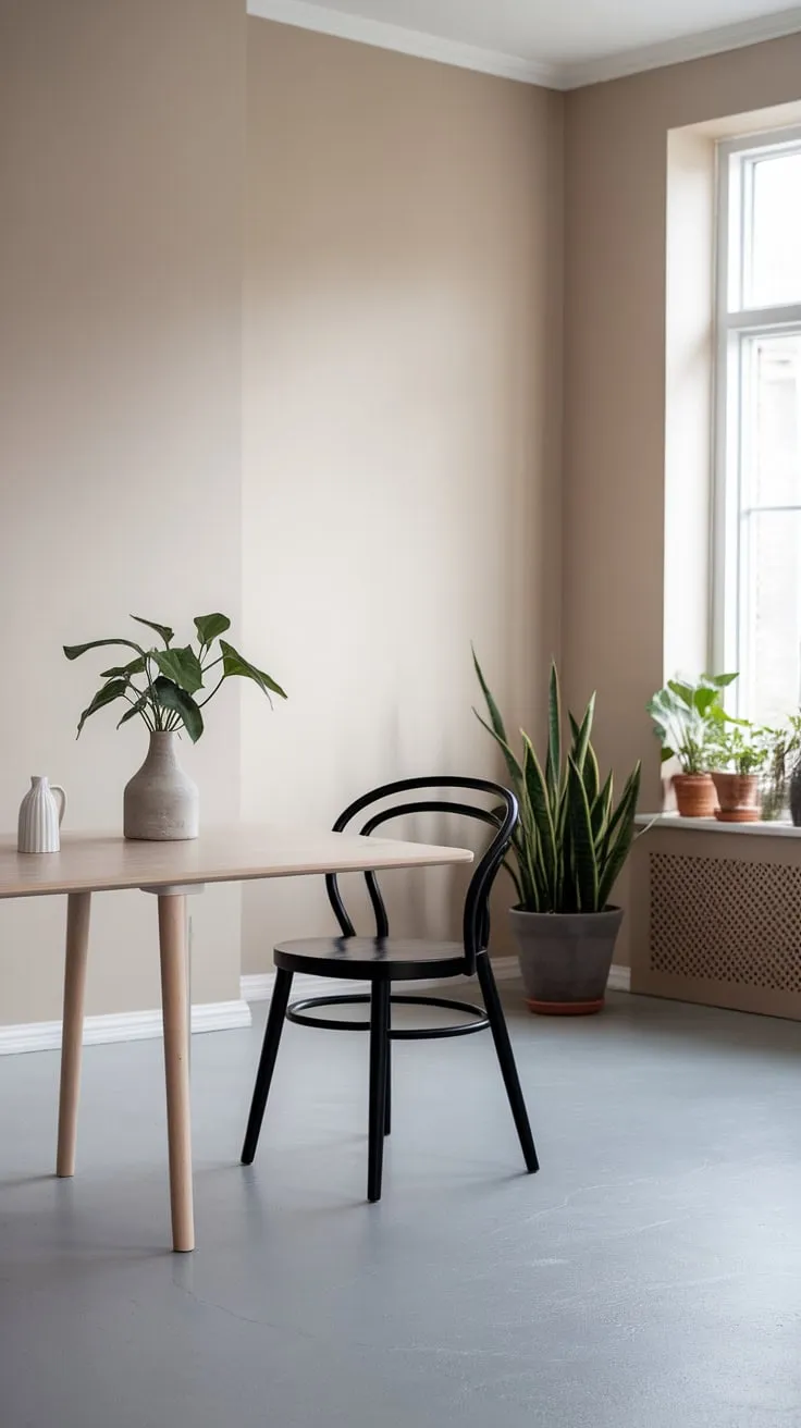 Clean lines and a neutral palette define this minimalist dining space, highlighted by a white oak table and pops of green.