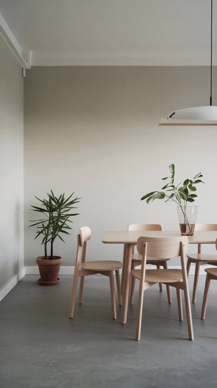 A minimalist grey and white dining space showcases a simple white oak table and six chairs against a backdrop of light grey walls and concrete floors.