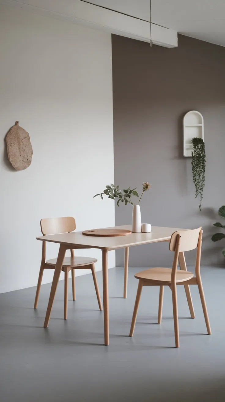 Clean lines and a neutral palette define this minimalist dining space, highlighted by a white oak table and a few carefully chosen accents.