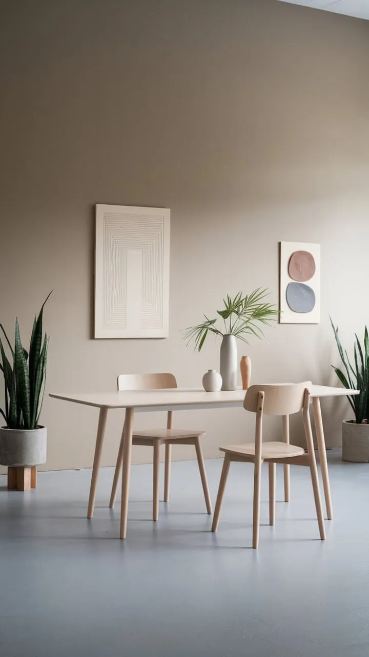 Sunlight bathes a serene Scandinavian-inspired dining room, where pale oak and grey harmonize in a calming embrace of minimalist elegance.