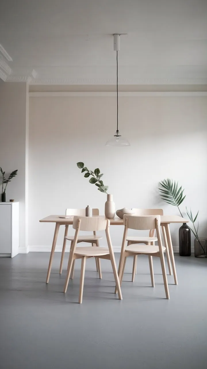 This serene dining room captures Scandinavian simplicity with its neutral tones, warm oak accents, and thoughtfully curated decor, creating a harmonious atmosphere of tranquility.