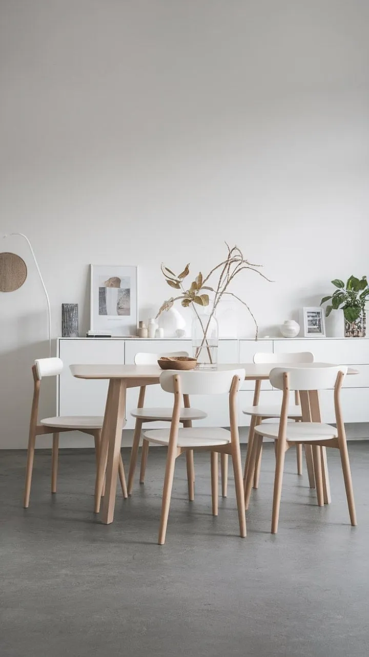 This serene Scandinavian dining room embodies understated elegance with its minimalist white oak furnishings and airy ambiance, creating a tranquil sanctuary of simple beauty.