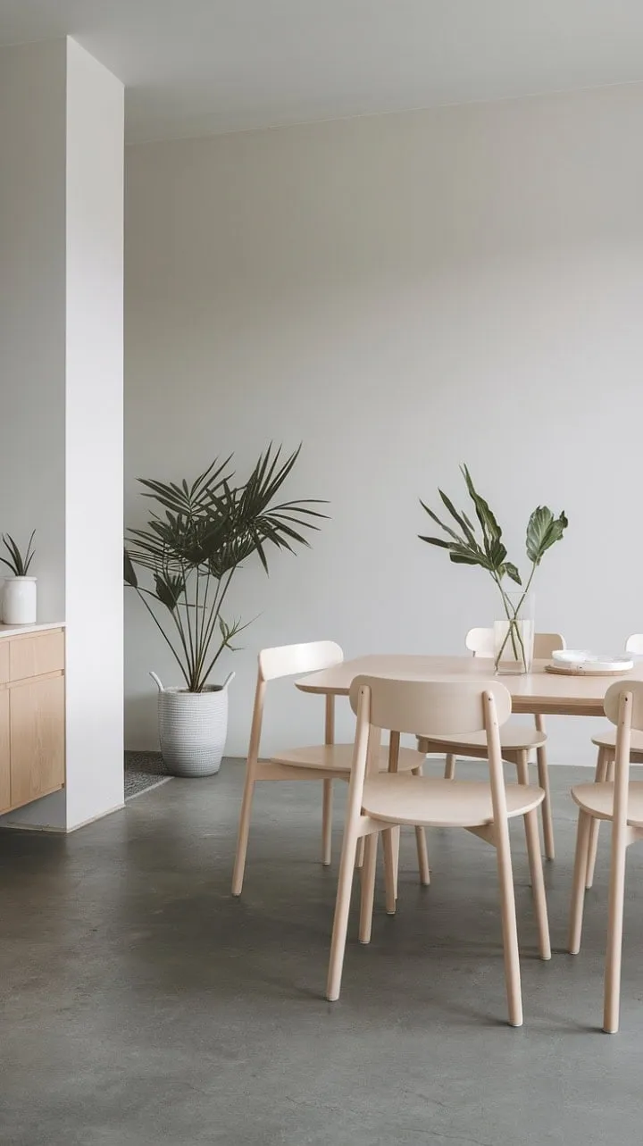 In this effortlessly chic Scandinavian dining room, white walls and a grey concrete floor harmonize with a white oak dining set, while a single potted plant breathes life into the serene simplicity.