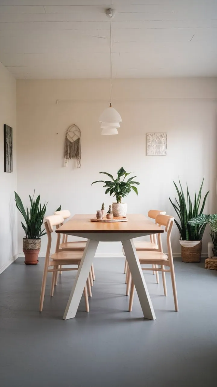 Bathed in sunlight, this Scandinavian dining room showcases understated elegance with its white oak table, grey flooring, and thoughtfully selected plants.